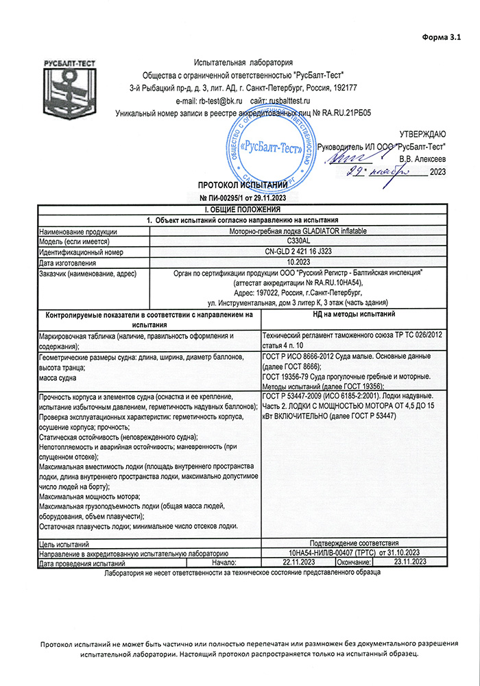 Фото документа Протокол испытаний № ПИ-00295/2 от 29.11.2023